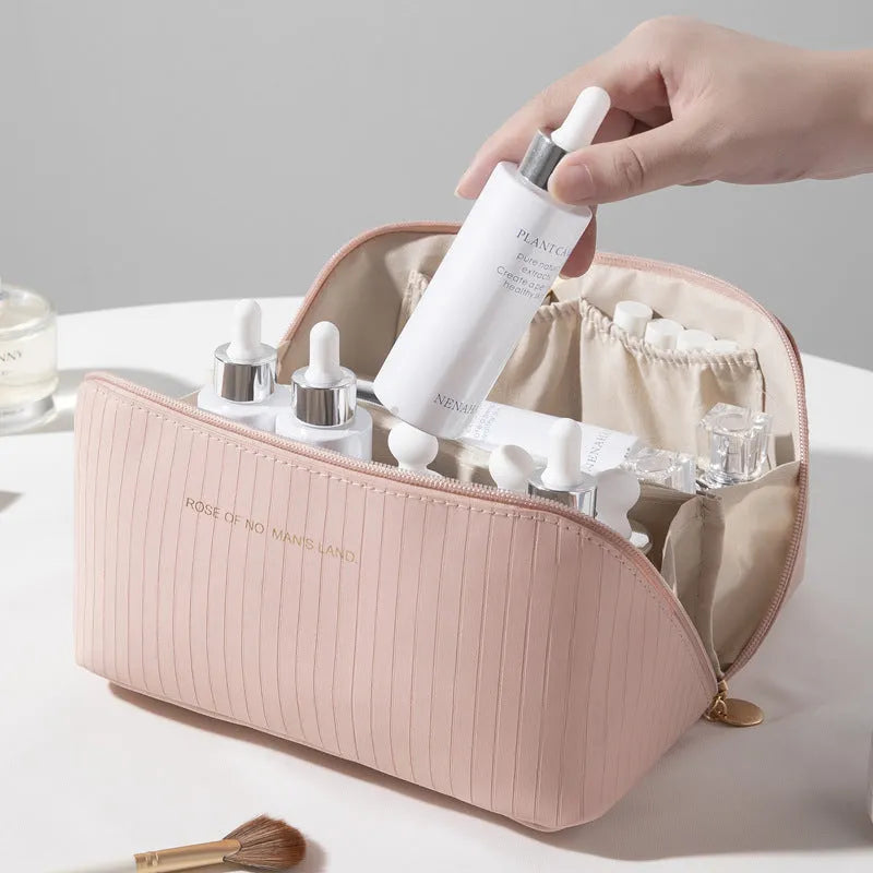 Vertical pattern cubic makeup bag in PU material with 22.5cm height for travel storage