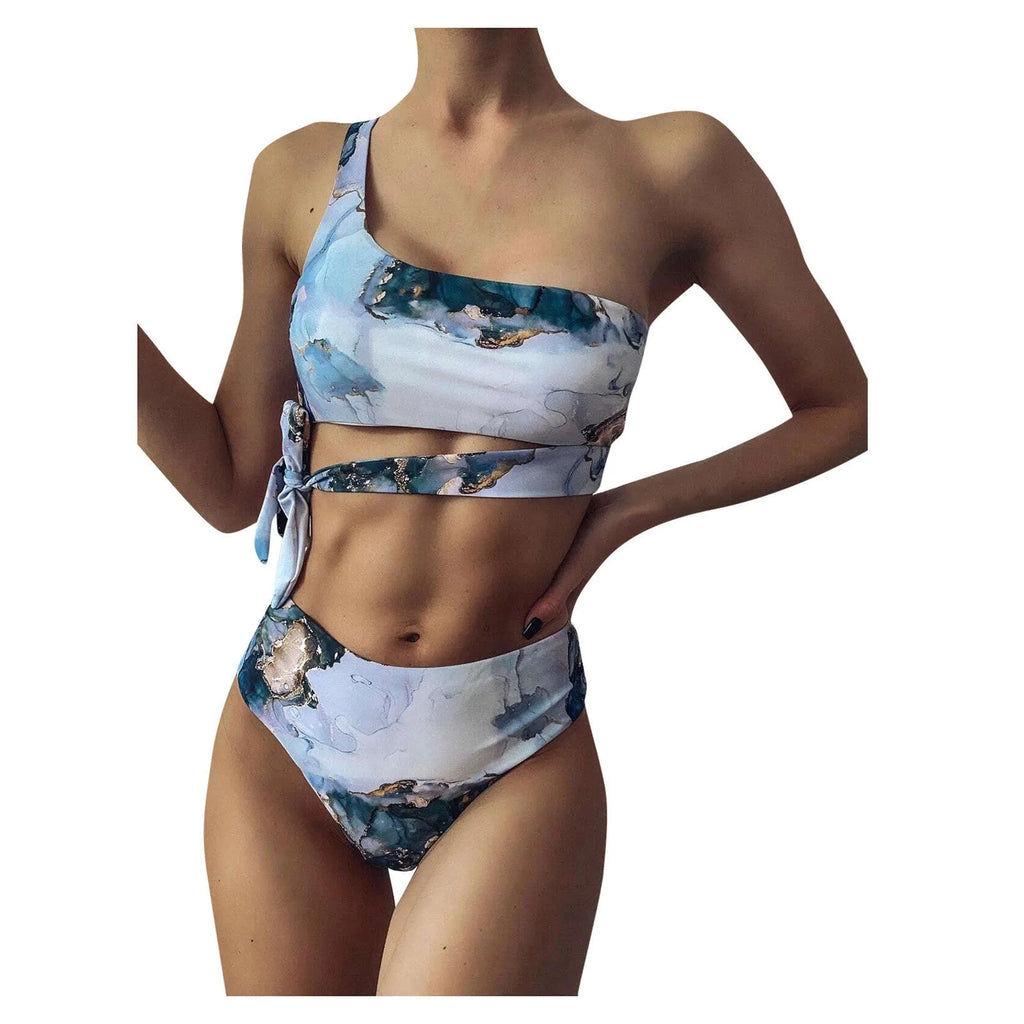 Women's marble tie-dye high waist bikini set with U-neck top for swimming