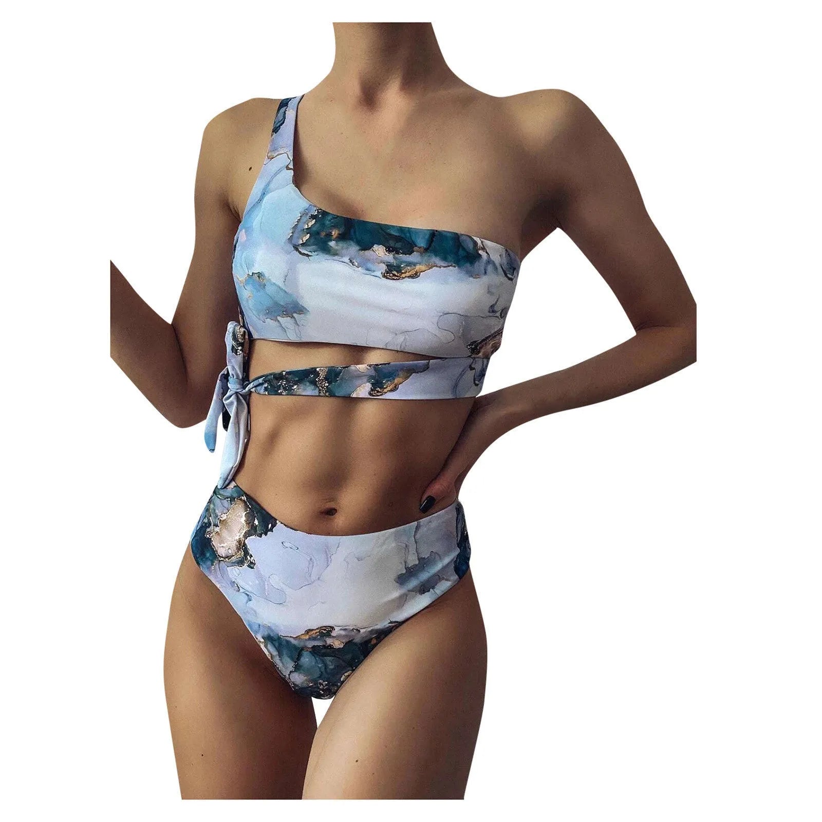 Women's marble tie-dye high waist bikini set with U-neck top for swimming
