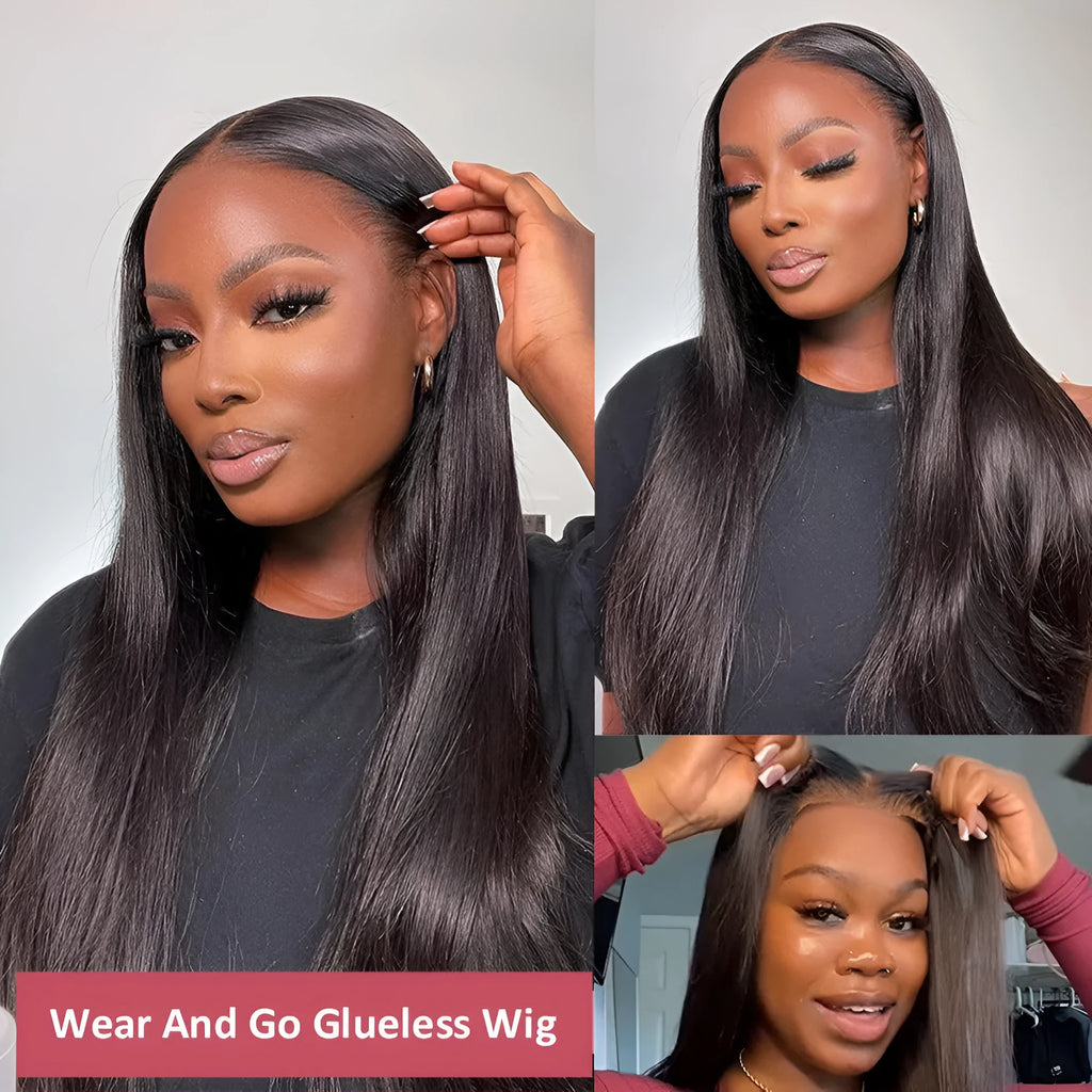 Long straight glueless human hair wig with lace front and side bangs, shown in various lengths.