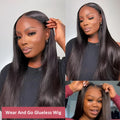 Long straight glueless human hair wig with lace front and side bangs, shown in various lengths.
