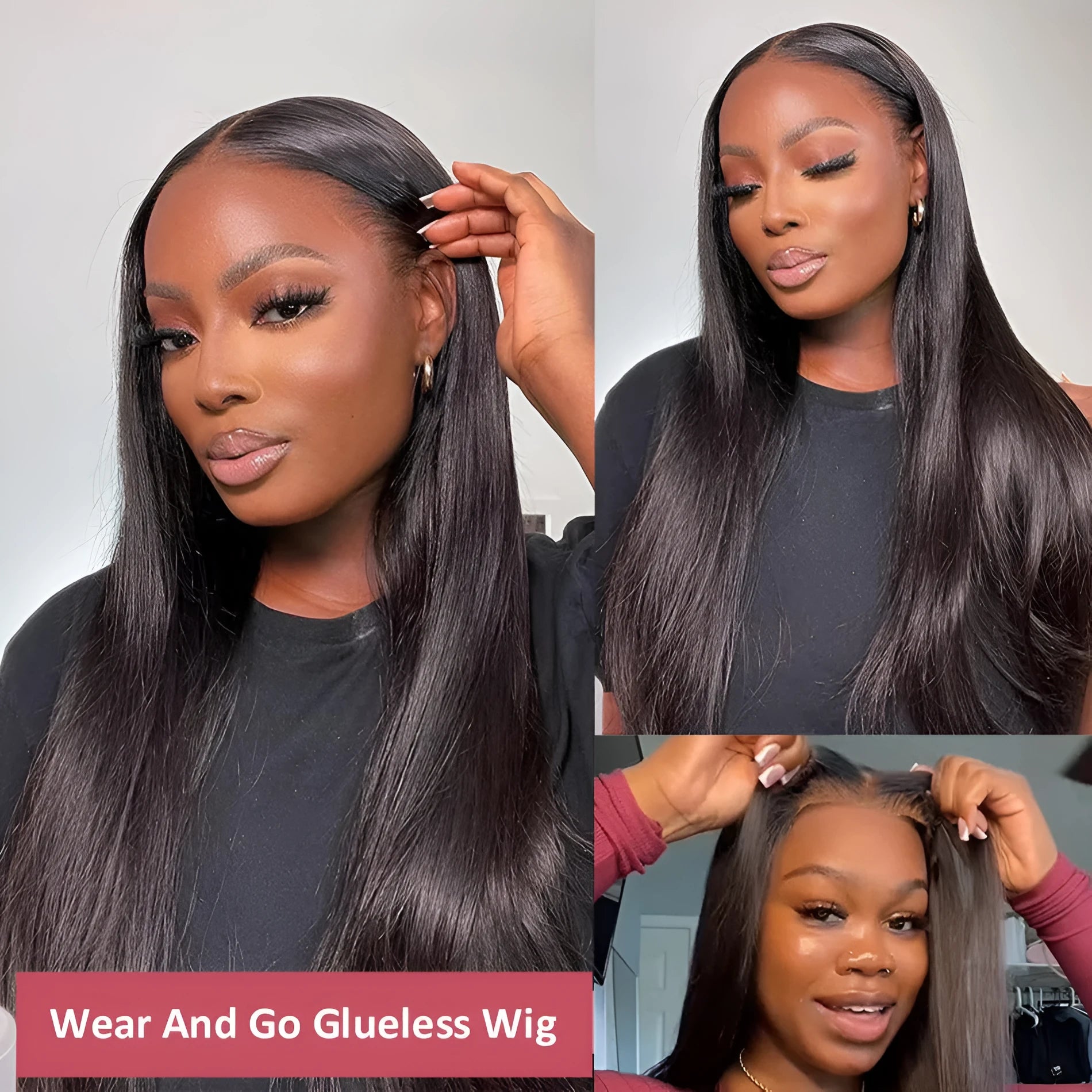 Long straight glueless human hair wig with lace front and side bangs, shown in various lengths.
