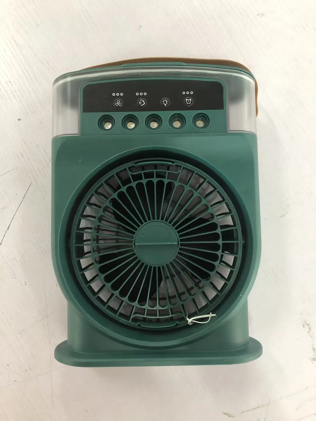 Portable USB air conditioner cooling fan with 5 spray mist outlet, 600ml water tank, 7 colour LED lights, and leather handle in white
