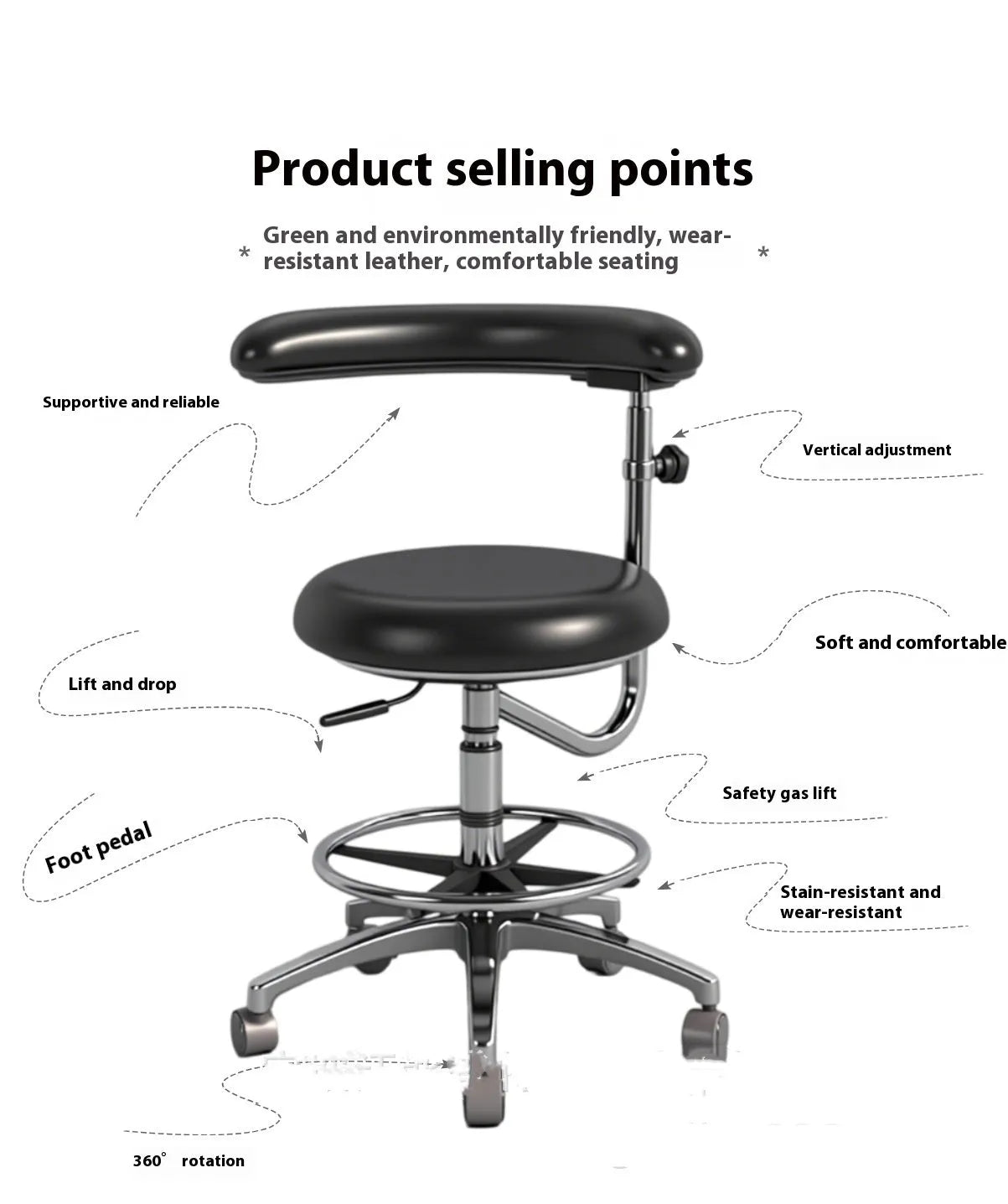 Black leather hydraulic dental chair for hospital patient treatment with height adjustment mechanism