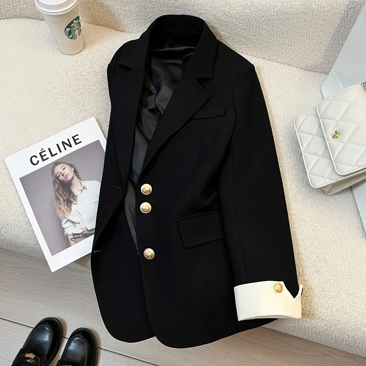 Korean-style women's mid-length coat in milky white with loose fit and pockets