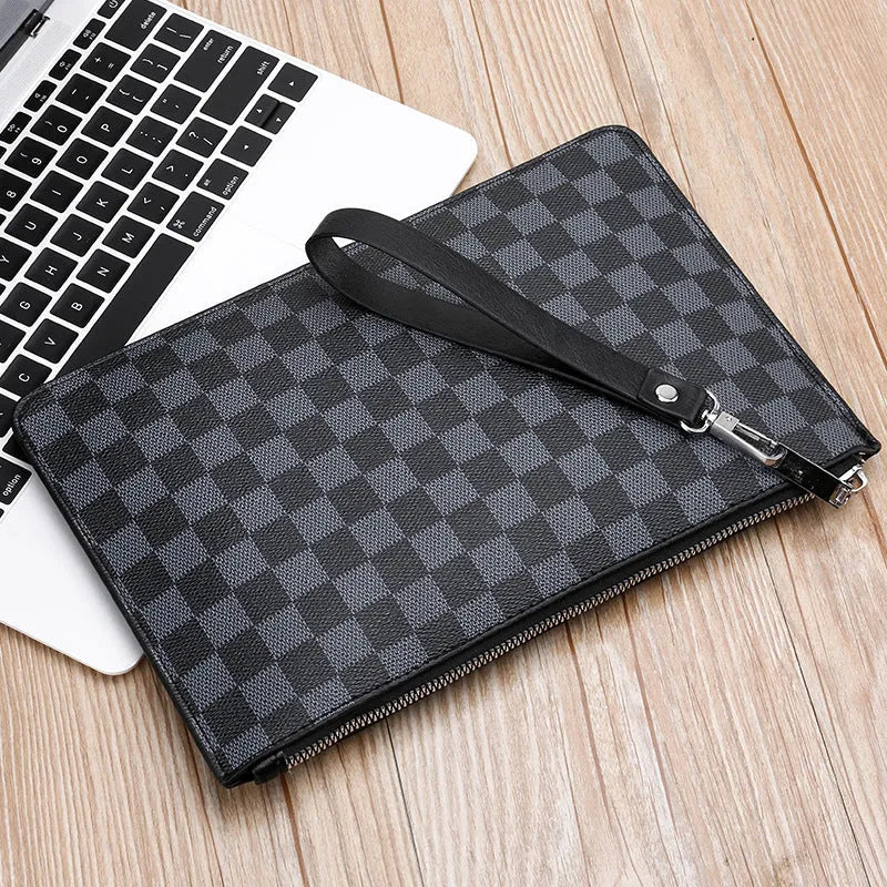 Men's soft PU leather clutch wallet with checkered pattern showing six card slots and zipper pocket