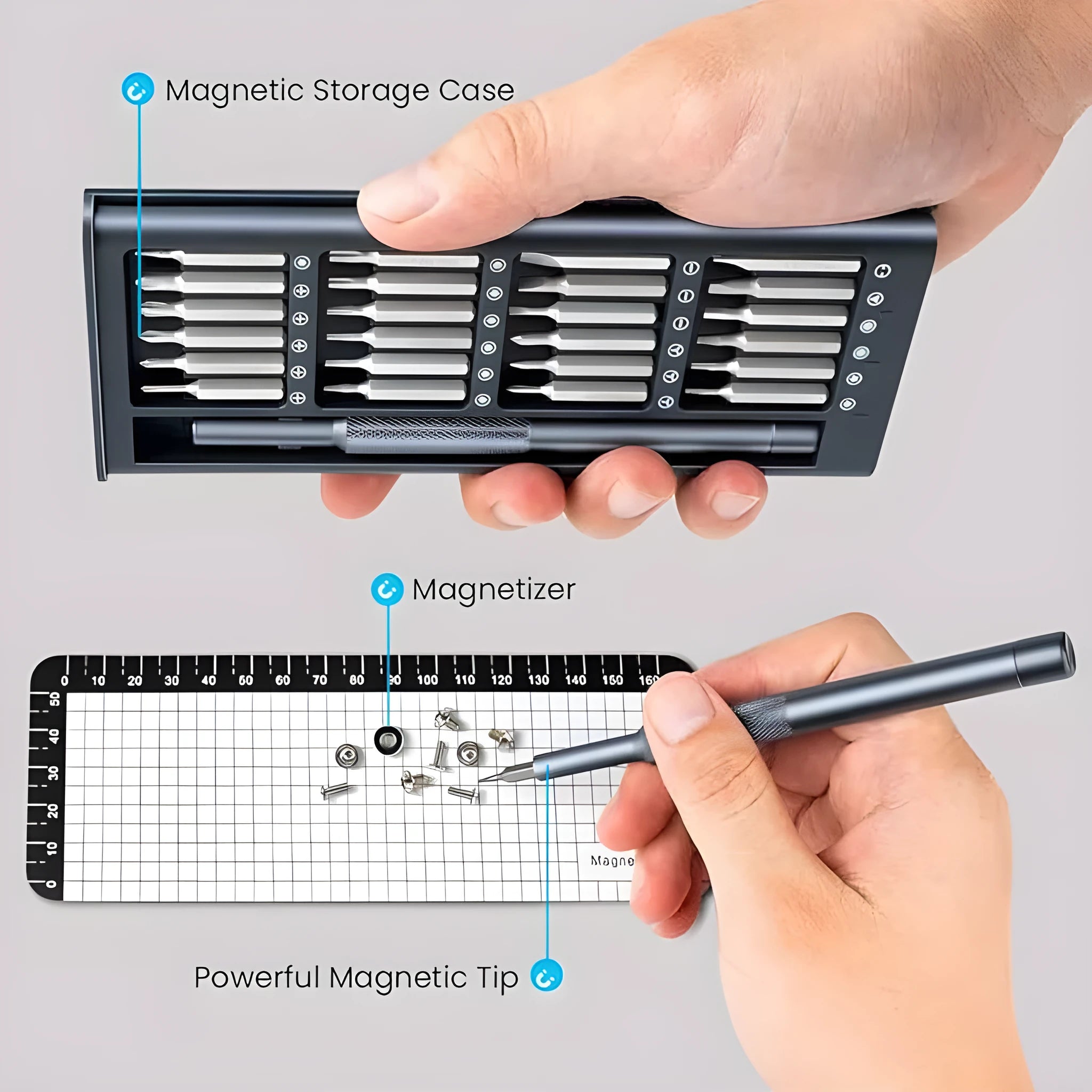 25-in-one magnetic screwdriver set with knurled handle and chrome vanadium steel bits