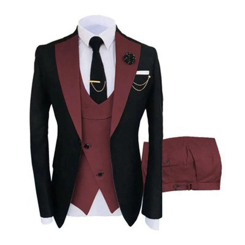 Men's black slim fit three-piece cotton suit with vest and trousers on a hanger.