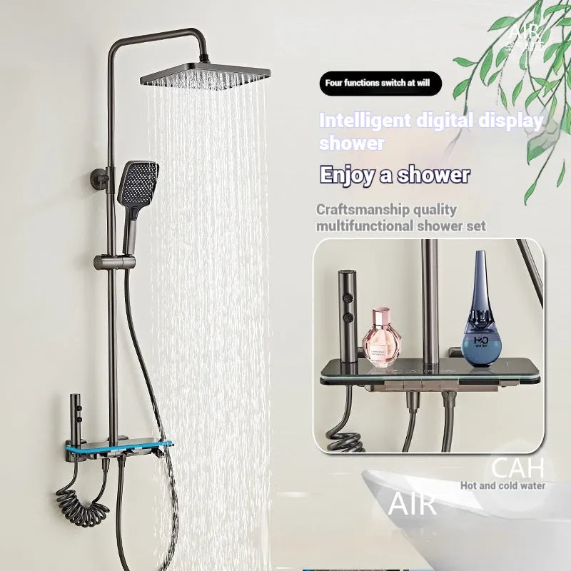 Aluminum digital display shower head set with temperature control in white or grey finish