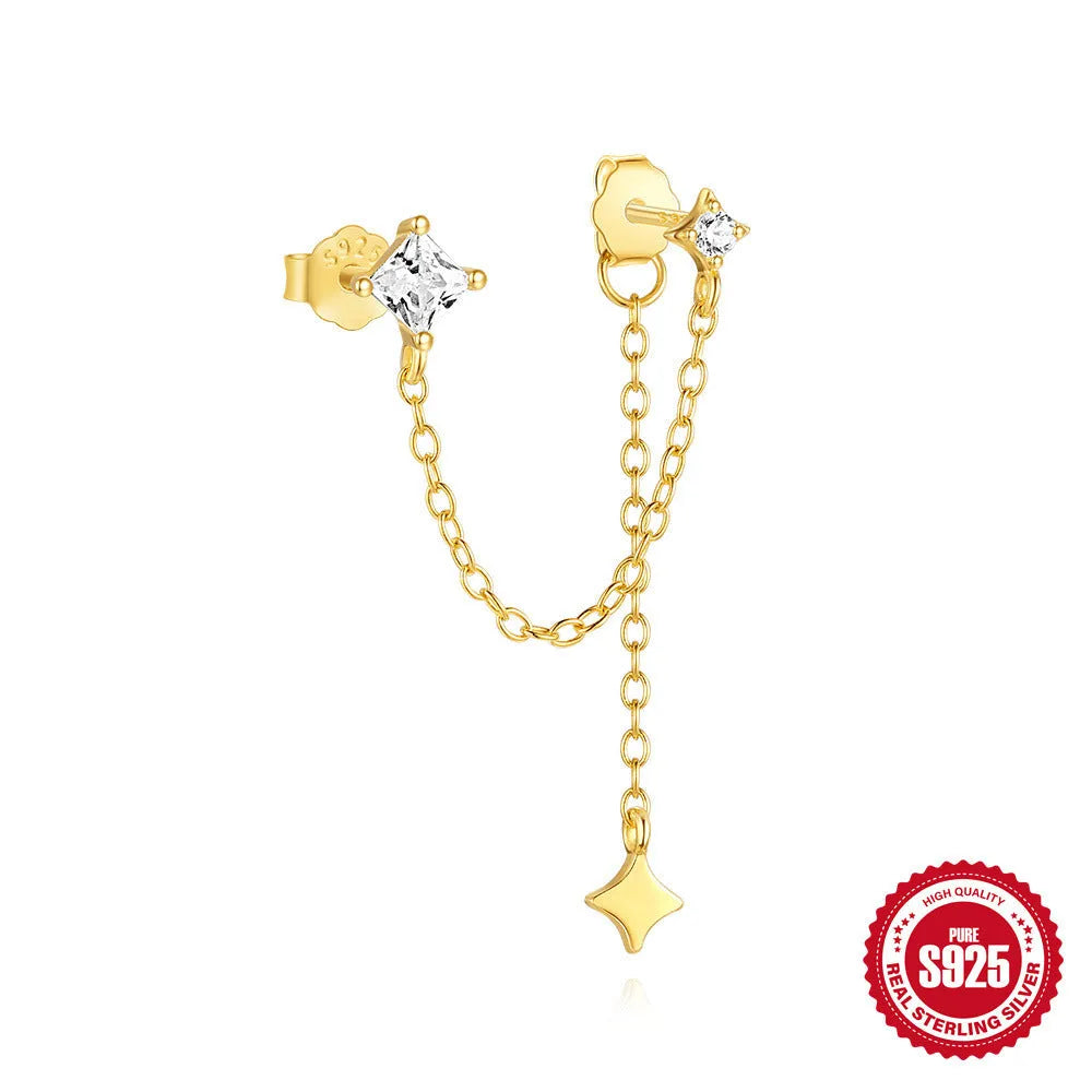 A pair of golden S925 sterling silver stud earrings with zircon inlay, designed for double ear piercings.