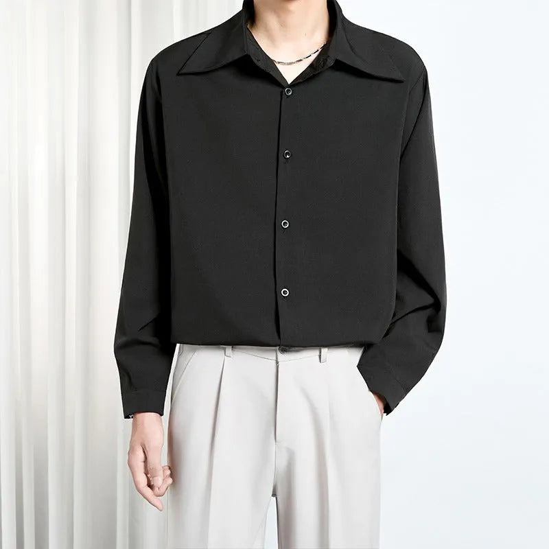 Men's loose non-iron polyester shirt in black and white, front view, with casual styling
