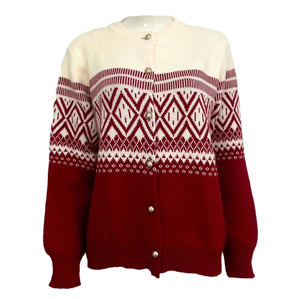 Women's grey alpaca wool cardigan with diamond knit colour block pattern and long sleeves