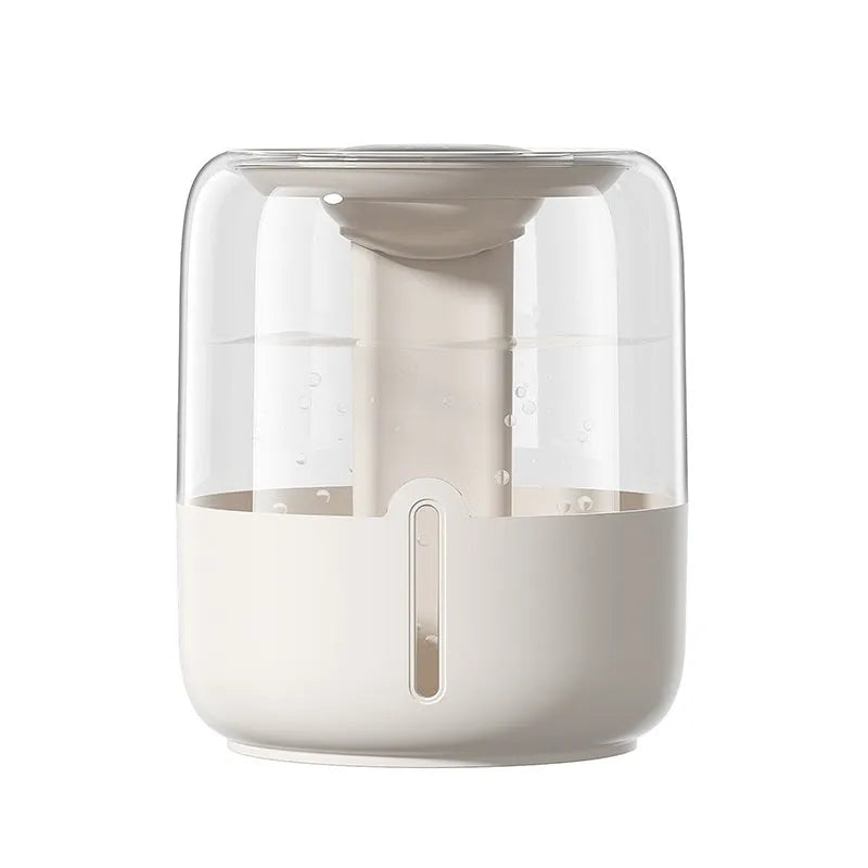 Round beige USB humidifier with dual spray nozzles, display screen, and night light