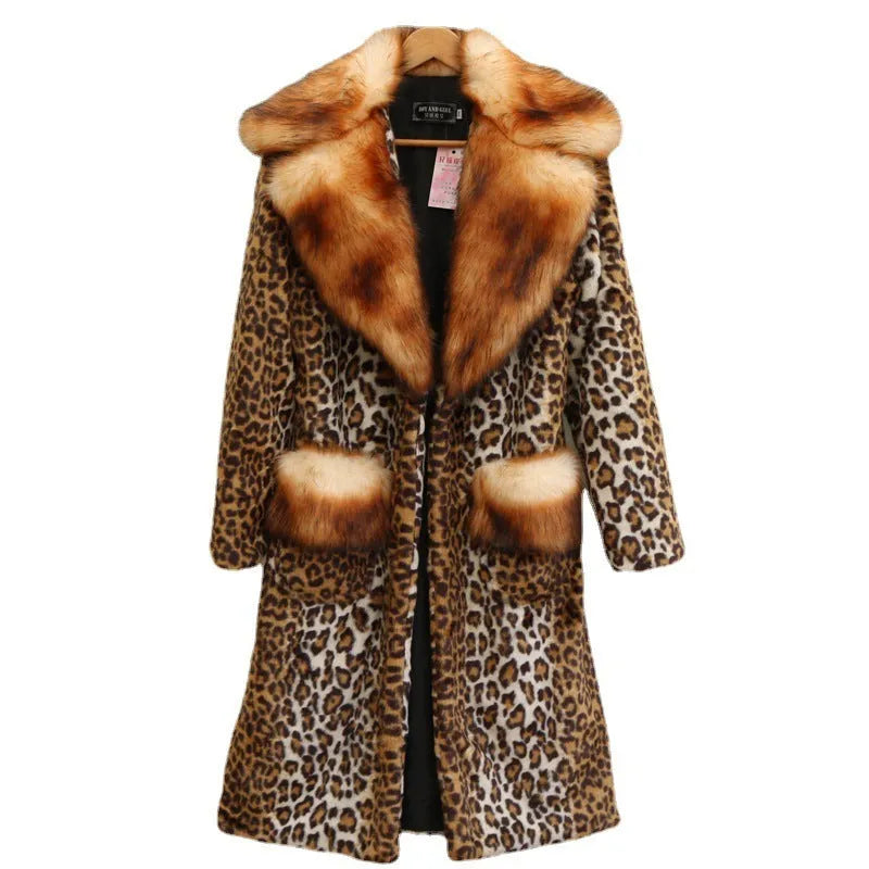 Women's long length leopard print artificial fur jacket on a hanger.