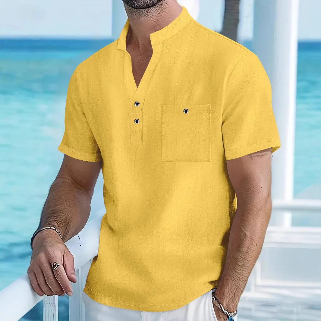 Men's linen blend stand collar t-shirt in loose pullover style available in multiple colours
