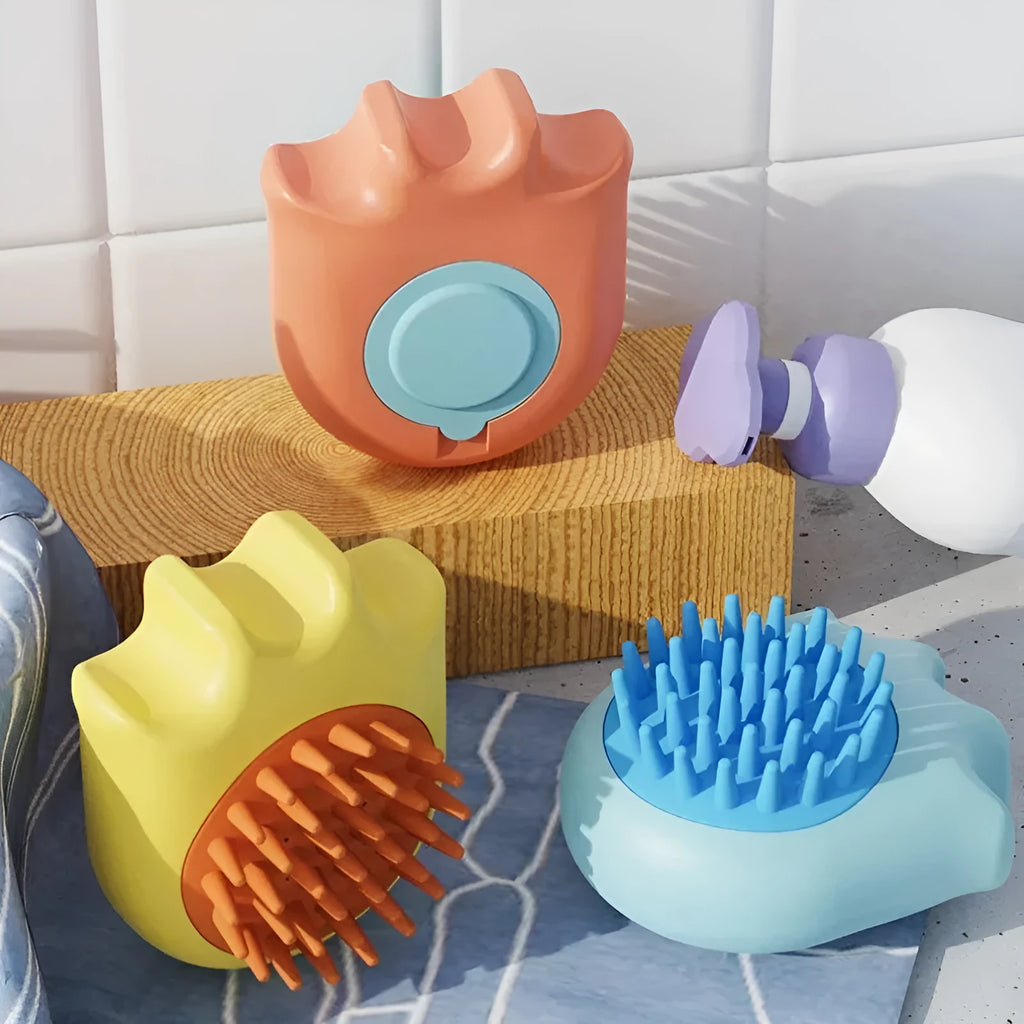 Blue pet bath brush with shampoo box and silicone bristles for cats and dogs