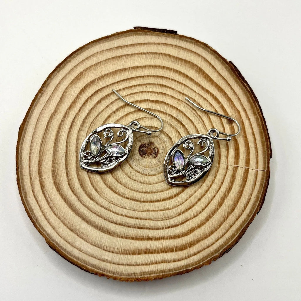 Silver colour women's earrings with leaves design and embedded colourful moonstones