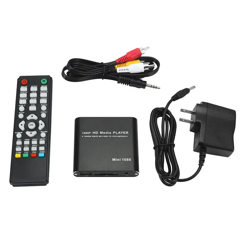 Compact black 1080p Full HD media player with HDMI, SD card, and USB ports on a white background.