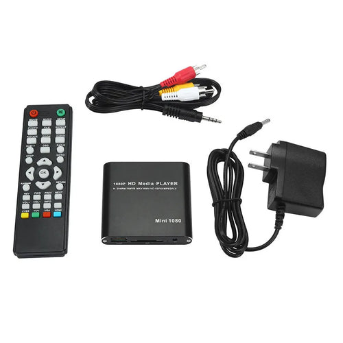 Compact black 1080p Full HD media player with HDMI, SD card, and USB ports on a white background.