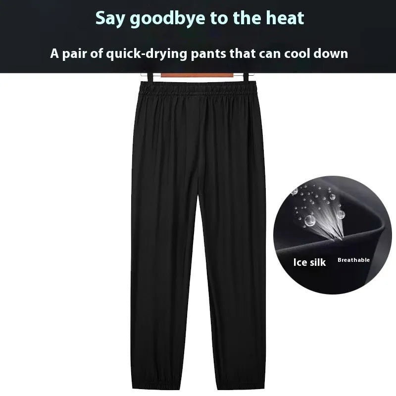Men's black ice silk loose ankle-tied quick-dry pants for running and outdoor sports