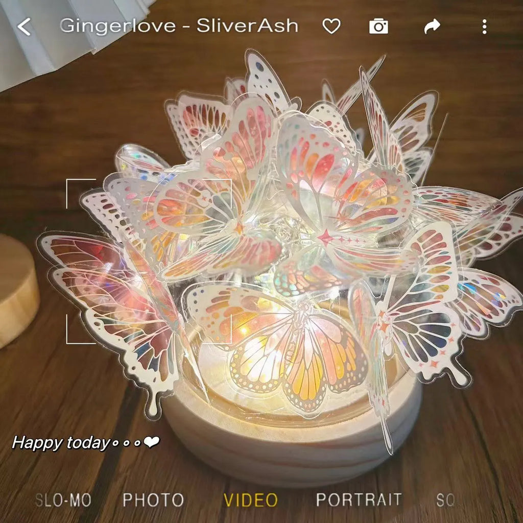 Butterfly night lamp with glass shade on raw wood base for bedside bedroom lighting