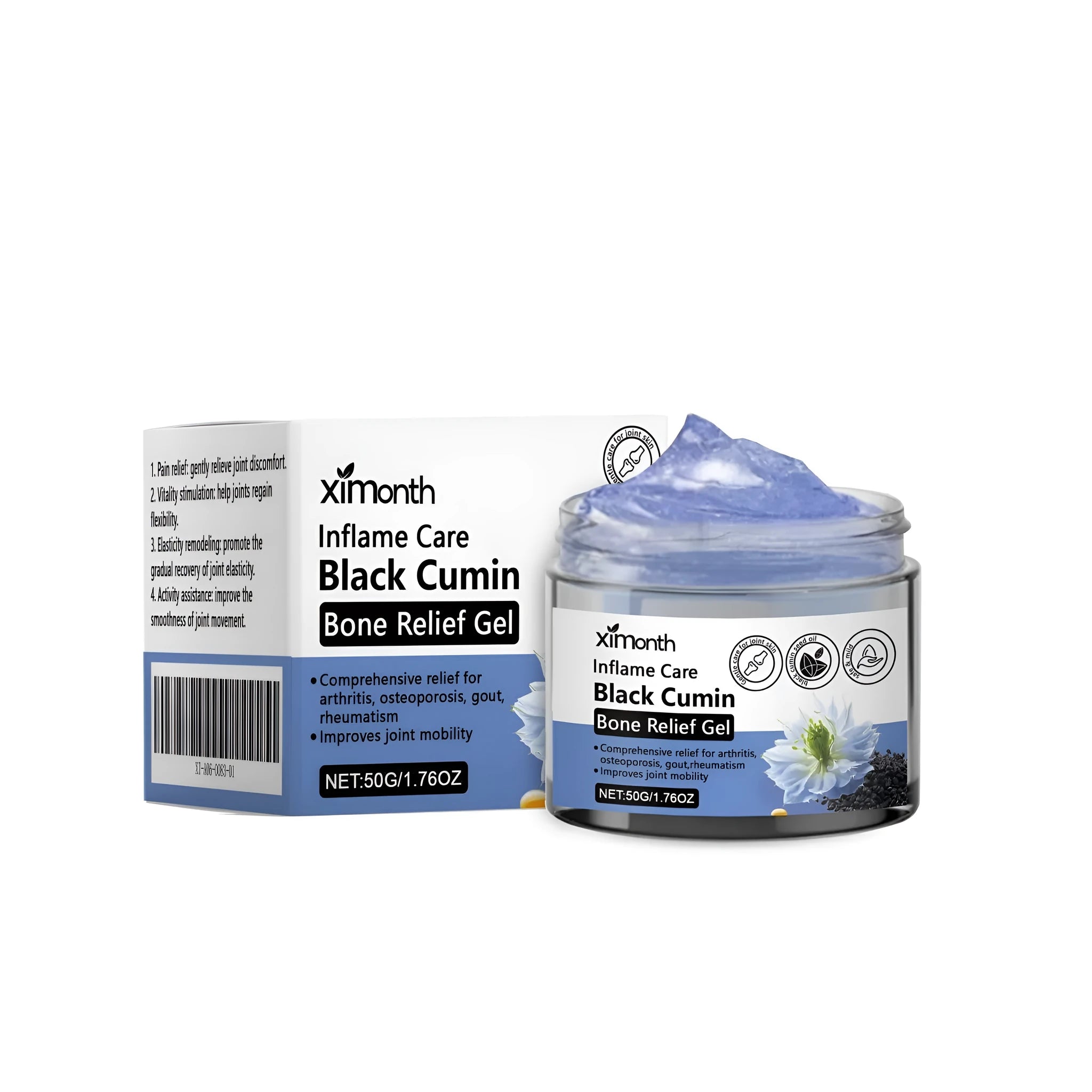50g Joint Bone Relief Gel container with mint leaves and cumin seed oil formula
