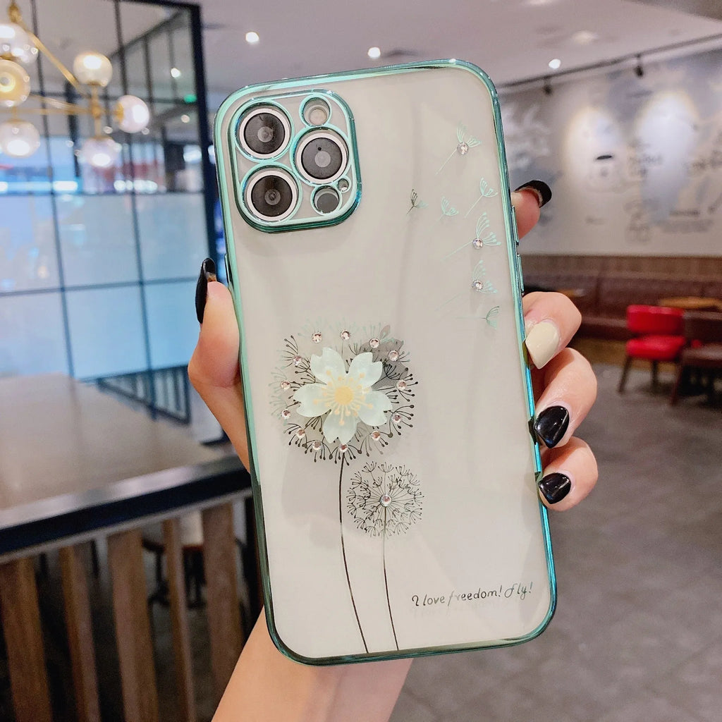 Green 3D flower spin stand phone case for iPhone on a table, showing built-in screen protector and stand.