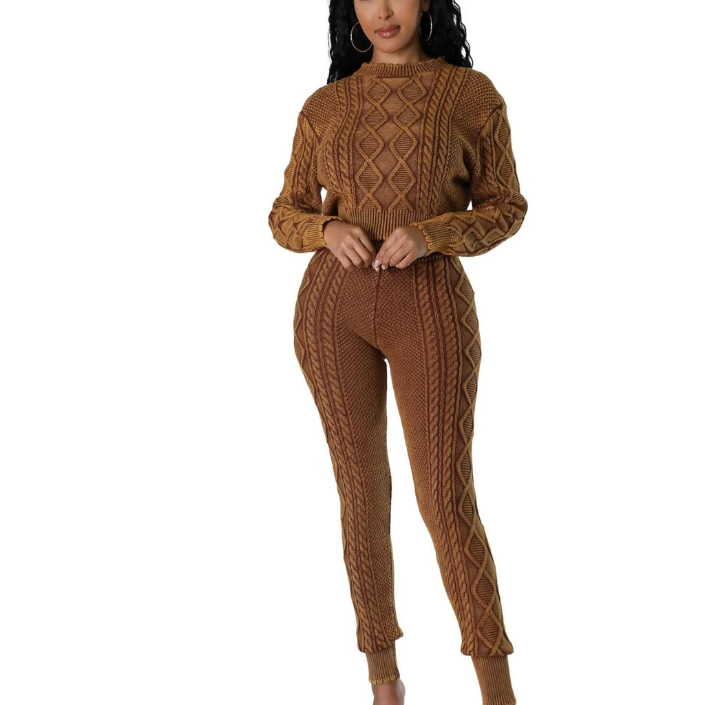 Women's cotton knit diamond pattern cable sweater set with long sleeves and matching trousers in brown