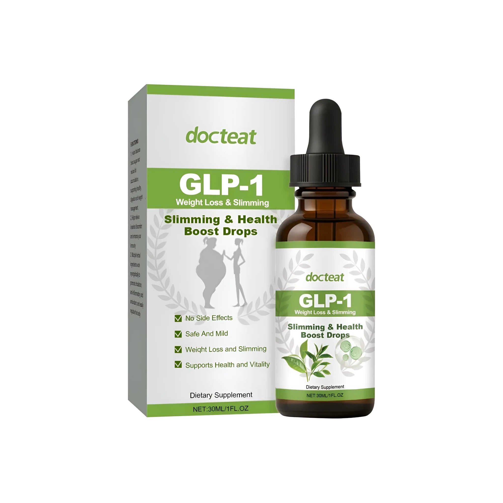 Droplets intestinal health supplement 30ml bottle with dropper, moringa and green tea formula