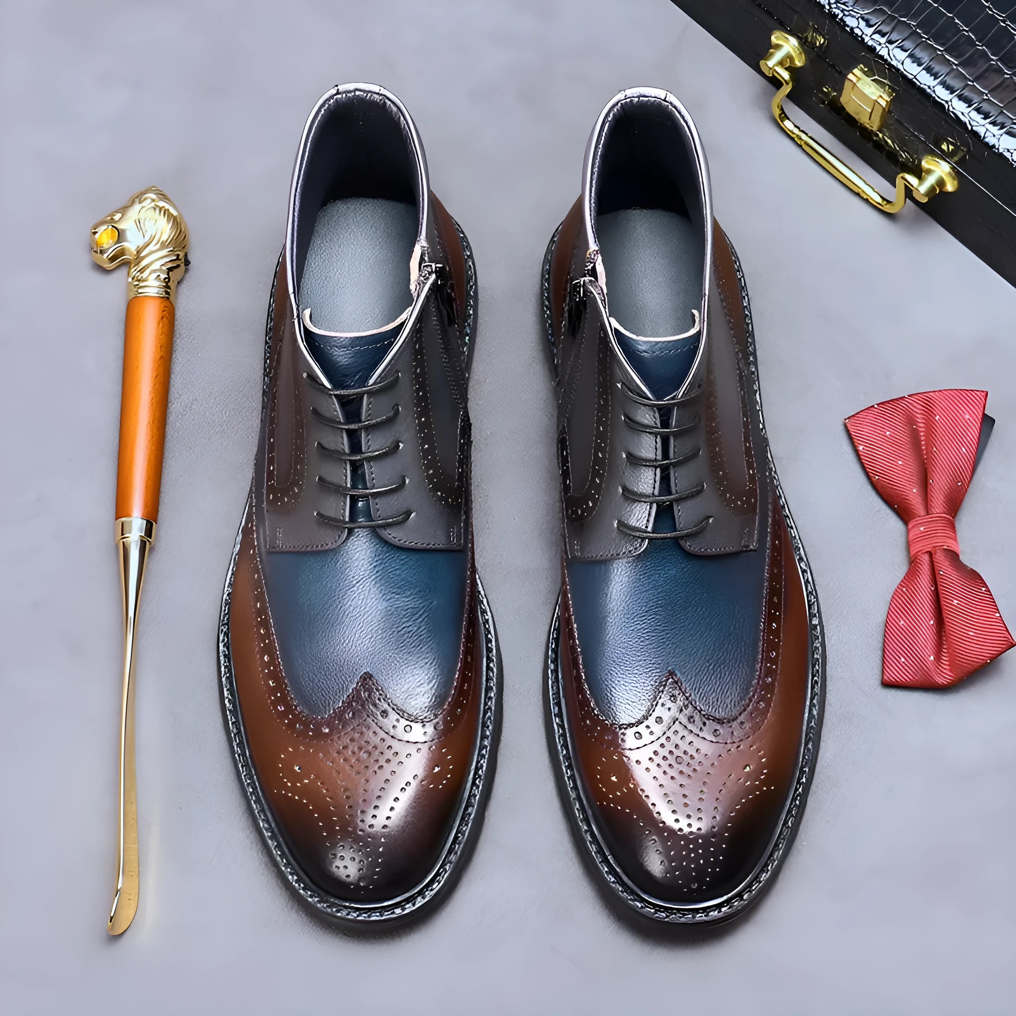 Men's coffee blue leather brogue boots with colour-block design and carved detailing on a low square heel.