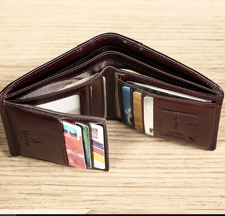 Men's leather wallet in black or brown with banknote folder, card slots, coin pocket, and photo window