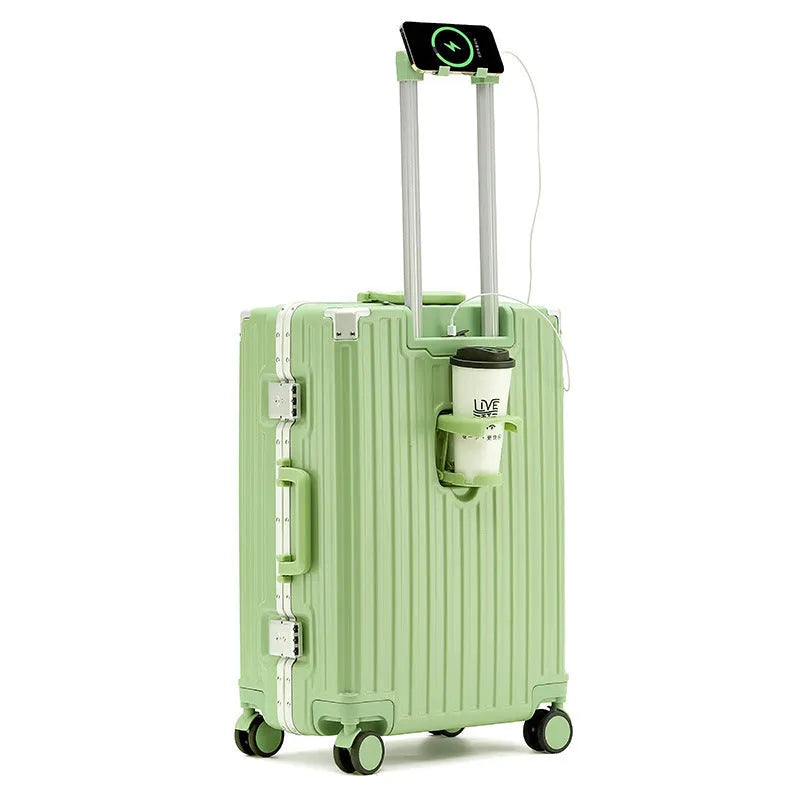 Hard-shell aluminium frame suitcase in avocado green colour with USB port and universal wheels.