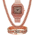 Gold, rose gold and silver Roman numeral quartz watch sets with square diamond dials and black mesh bands.