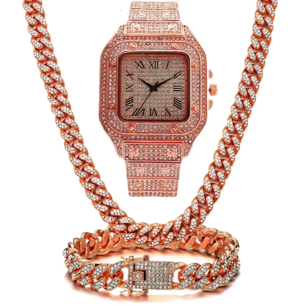 Gold, rose gold and silver Roman numeral quartz watch sets with square diamond dials and black mesh bands.