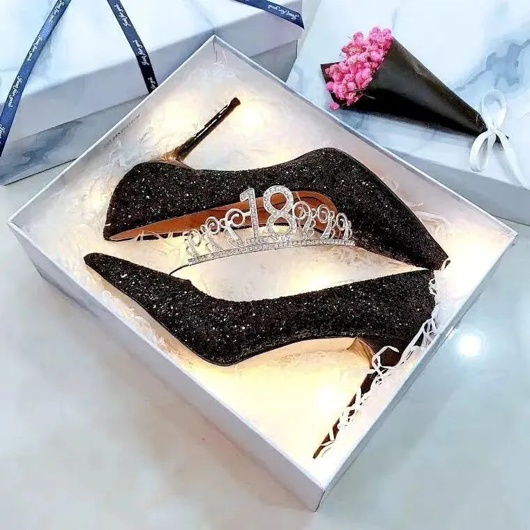 Women's wedding shoes with crystal embellishments and stiletto heels in black or silver