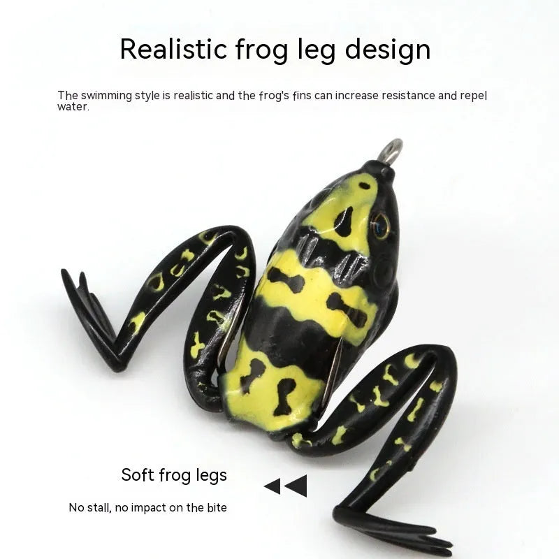 Bionic Real Thunder Frog Snake Head double hook fishing lure in grass green and black yellow dots colours