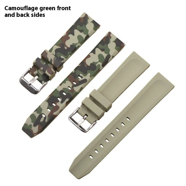 Camouflage pattern silicone watch strap with universal flat head in blue, grey, and green