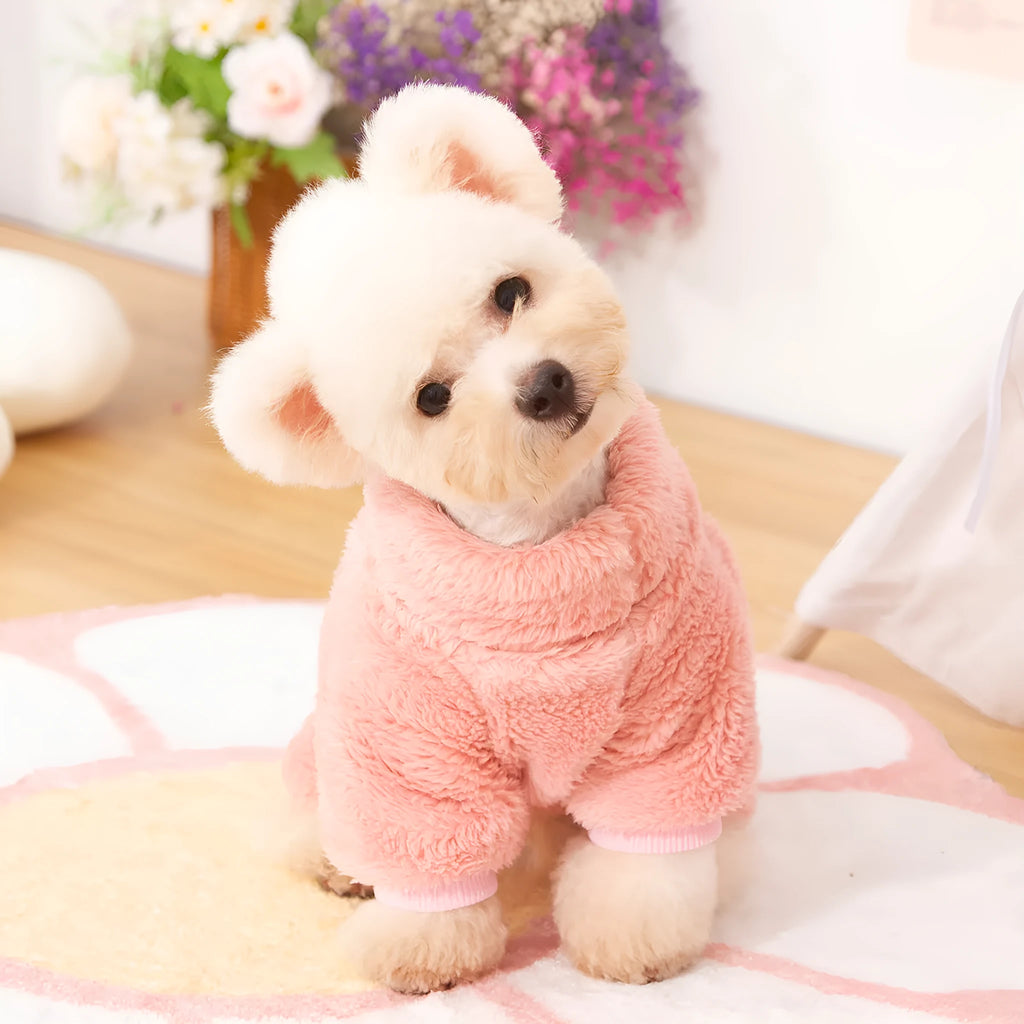 Four-legged thick plush dog clothing with high collar in blue colour showing full coverage design