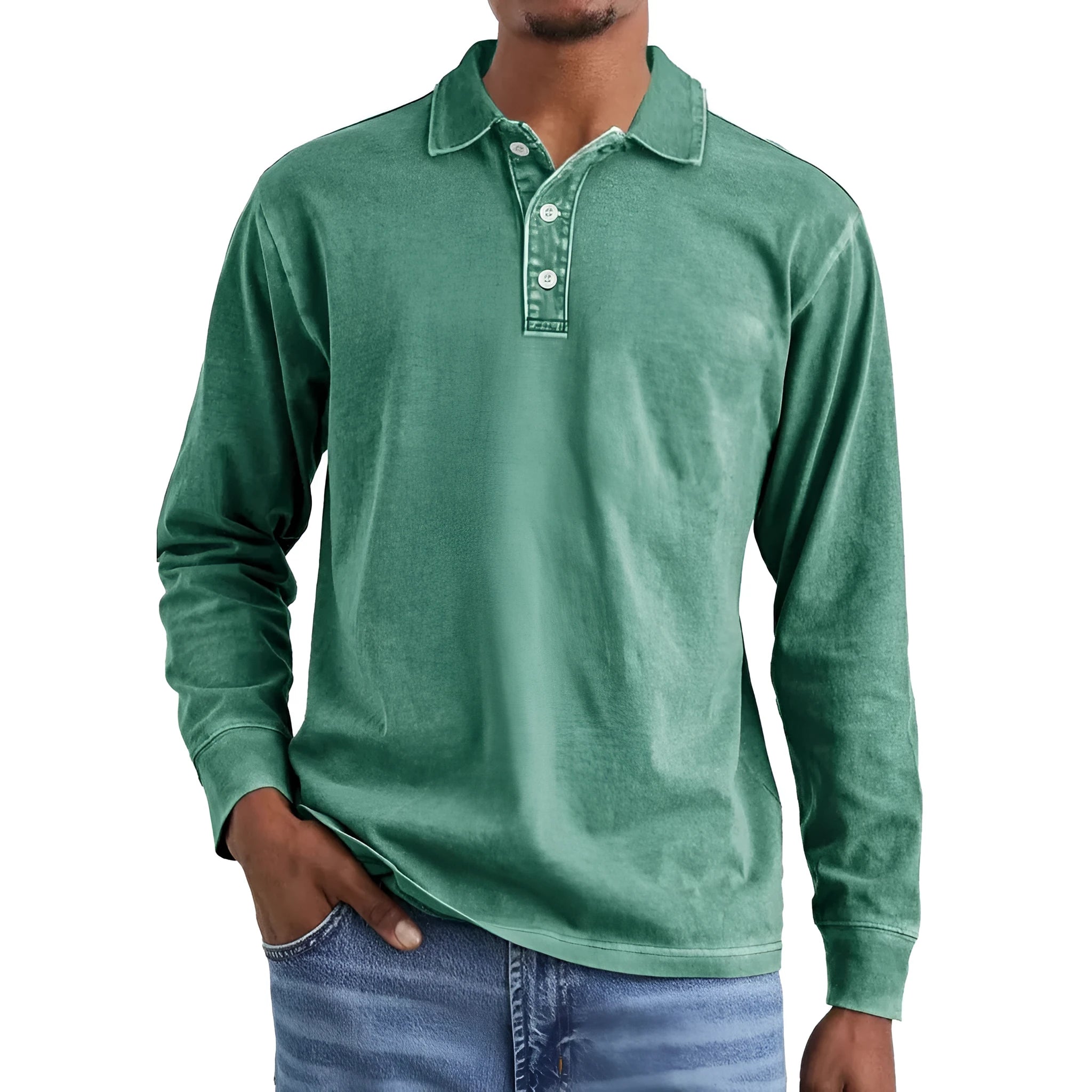 Men's retro washed distressed cotton lapel polo shirt in army green, long sleeves.