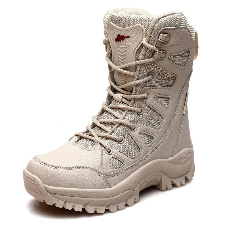 Cowhide leather hi-top hiking platform sneakers in beige, shown on a neutral background.