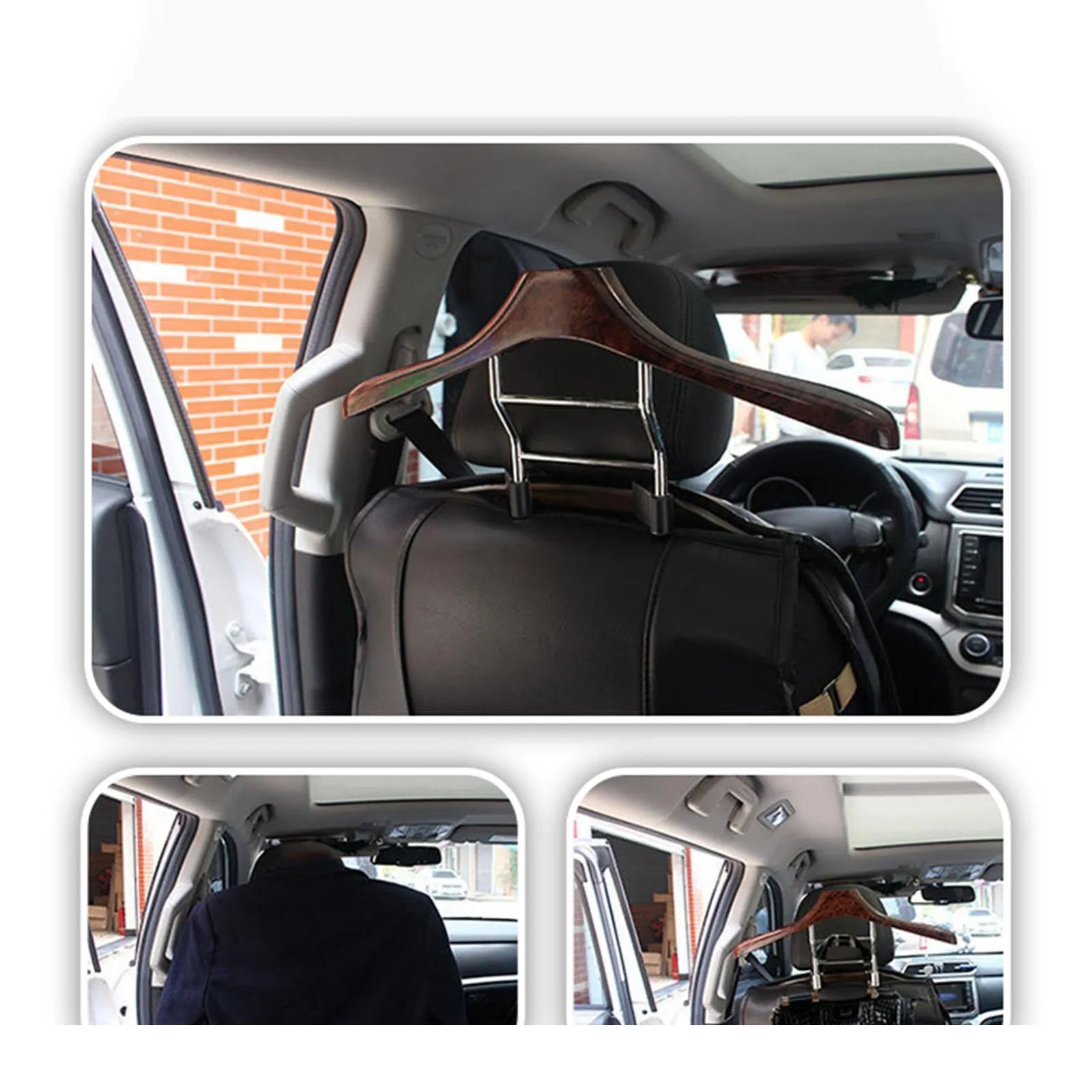 Wood yellow stainless steel car hanger for suits and coats mounted on a car seat headrest