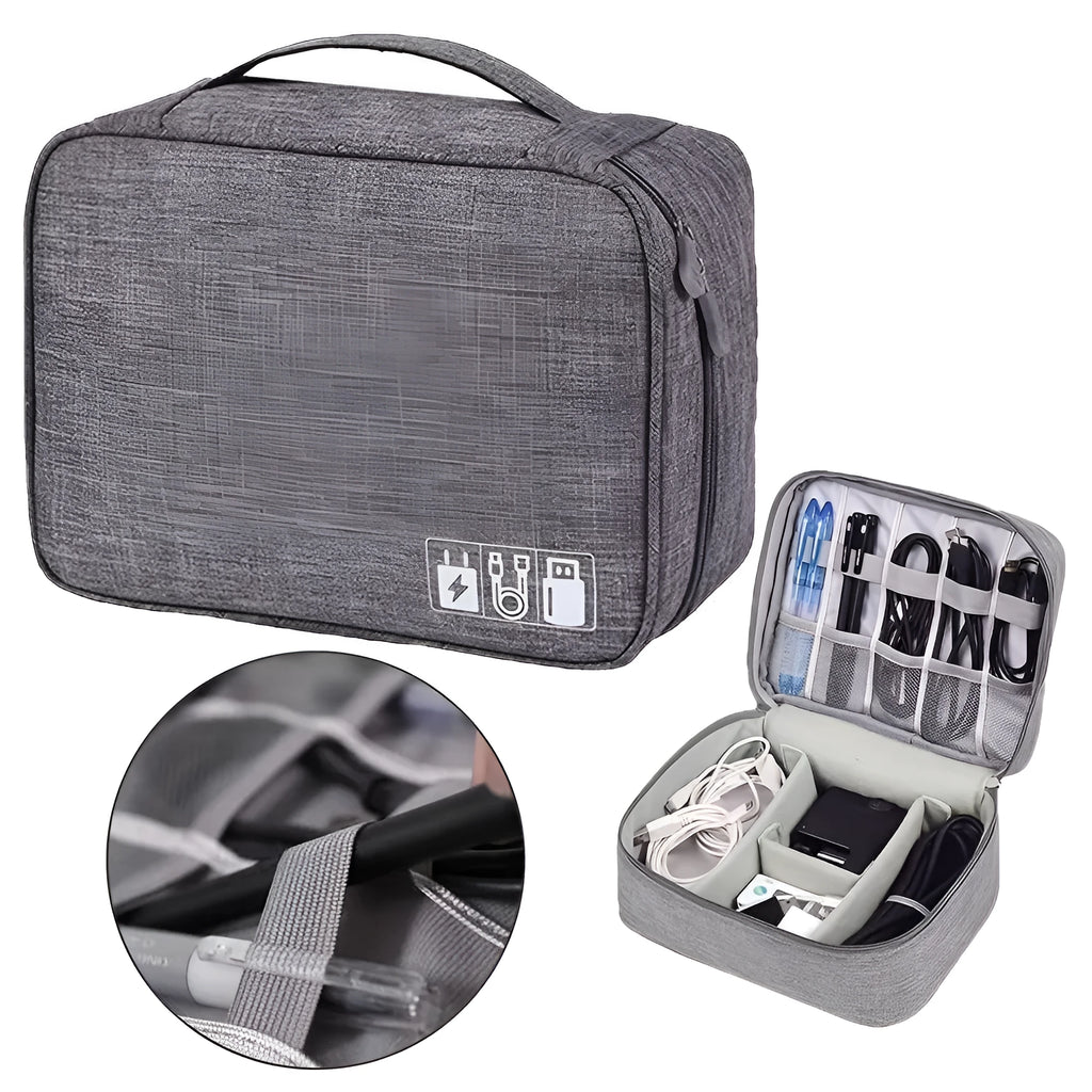 Black waterproof electronics travel organizer case open, showing mesh pockets, elastic loops and removable padded dividers.