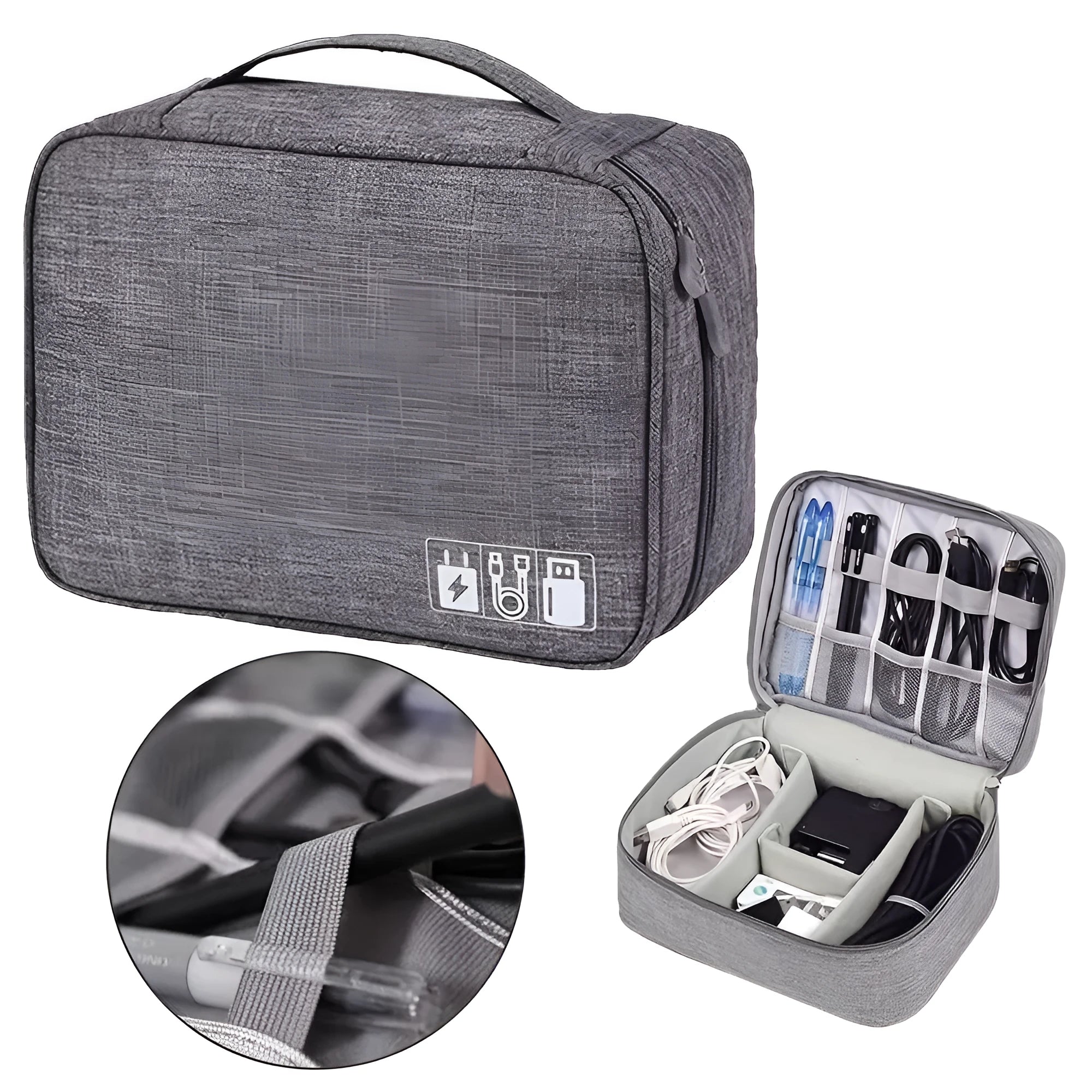 Black waterproof electronics travel organizer case open, showing mesh pockets, elastic loops and removable padded dividers.