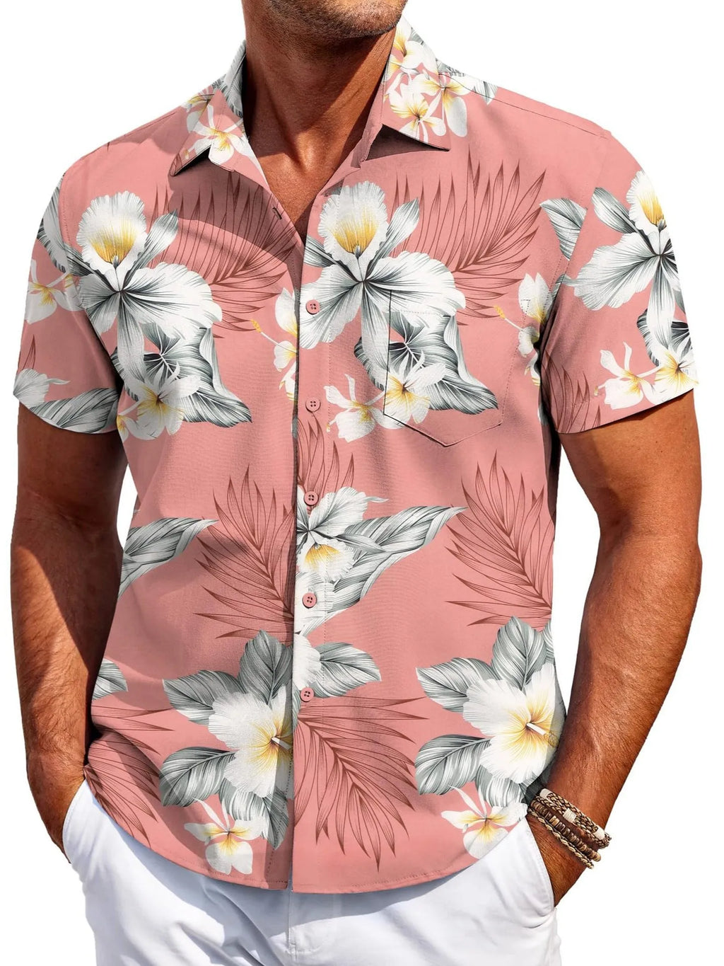 A man's slim-fit short-sleeve Hawaiian shirt in a cardigan style, available in multiple colours.