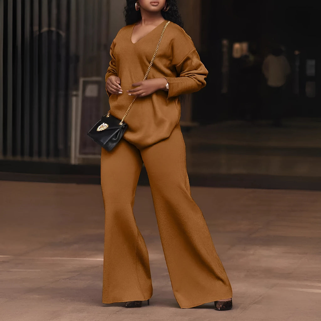Women's brown casual suit with long sleeves and full-length trousers made from thickened deerskin velvet fabric.