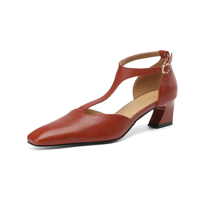 Wine red women's high heels with square toe, chunky heel, buckle fastening, and sheepskin leather upper.