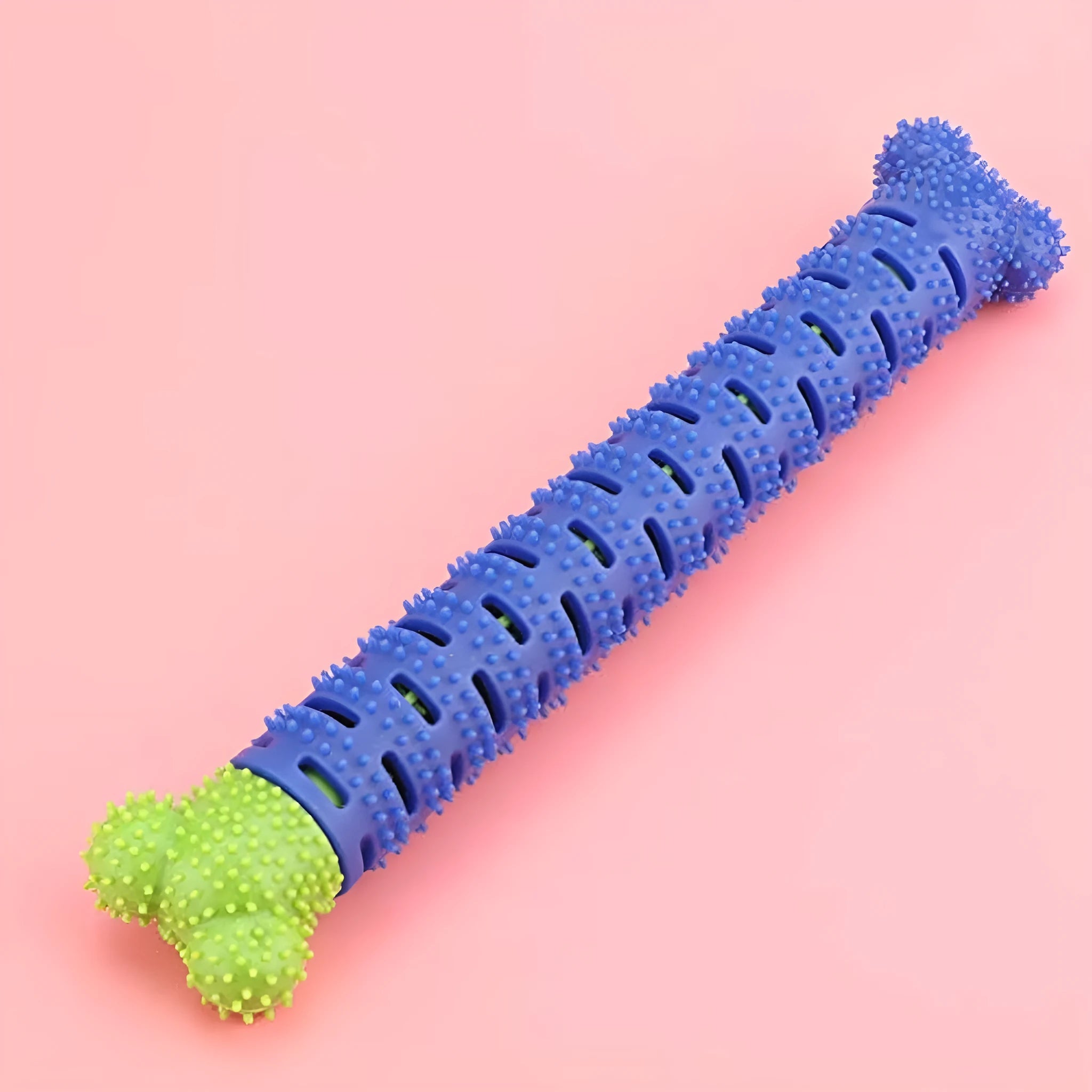 Blue green silicone dog toothbrush toy with serrated brush head for dental cleaning