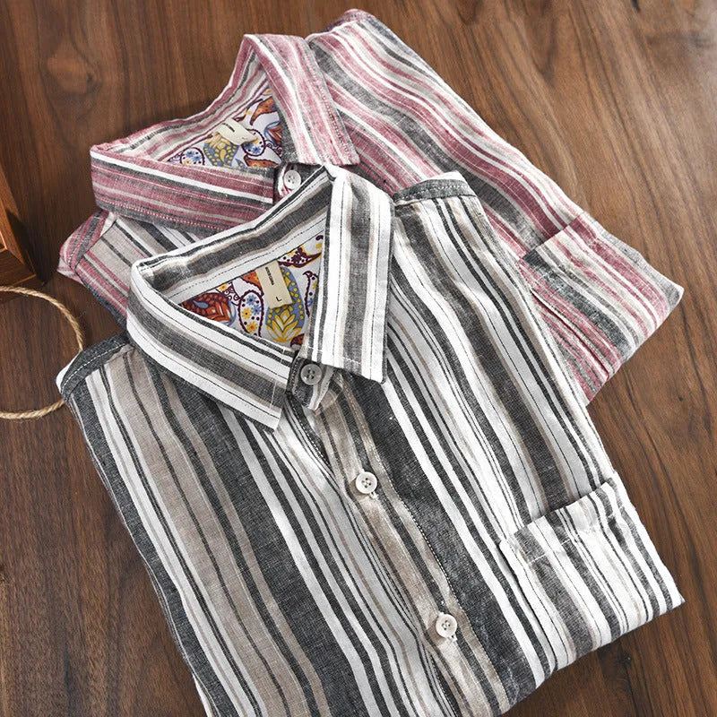 Men's loose fit linen striped shirt with long sleeves in red or grey colour options.