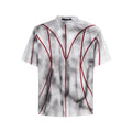 Short sleeve T-shirt with padded shoulders and textured line patchwork design