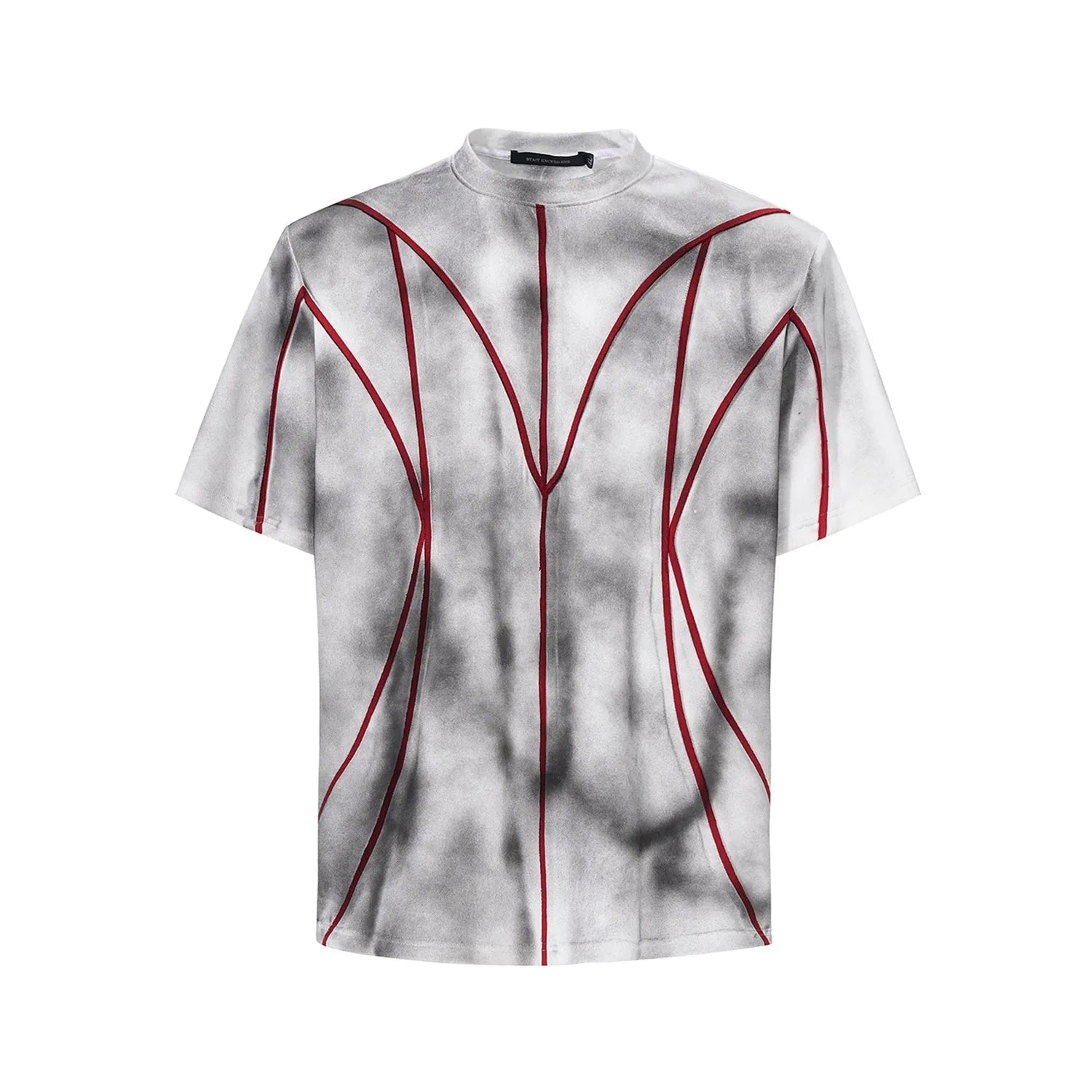 Short sleeve T-shirt with padded shoulders and textured line patchwork design